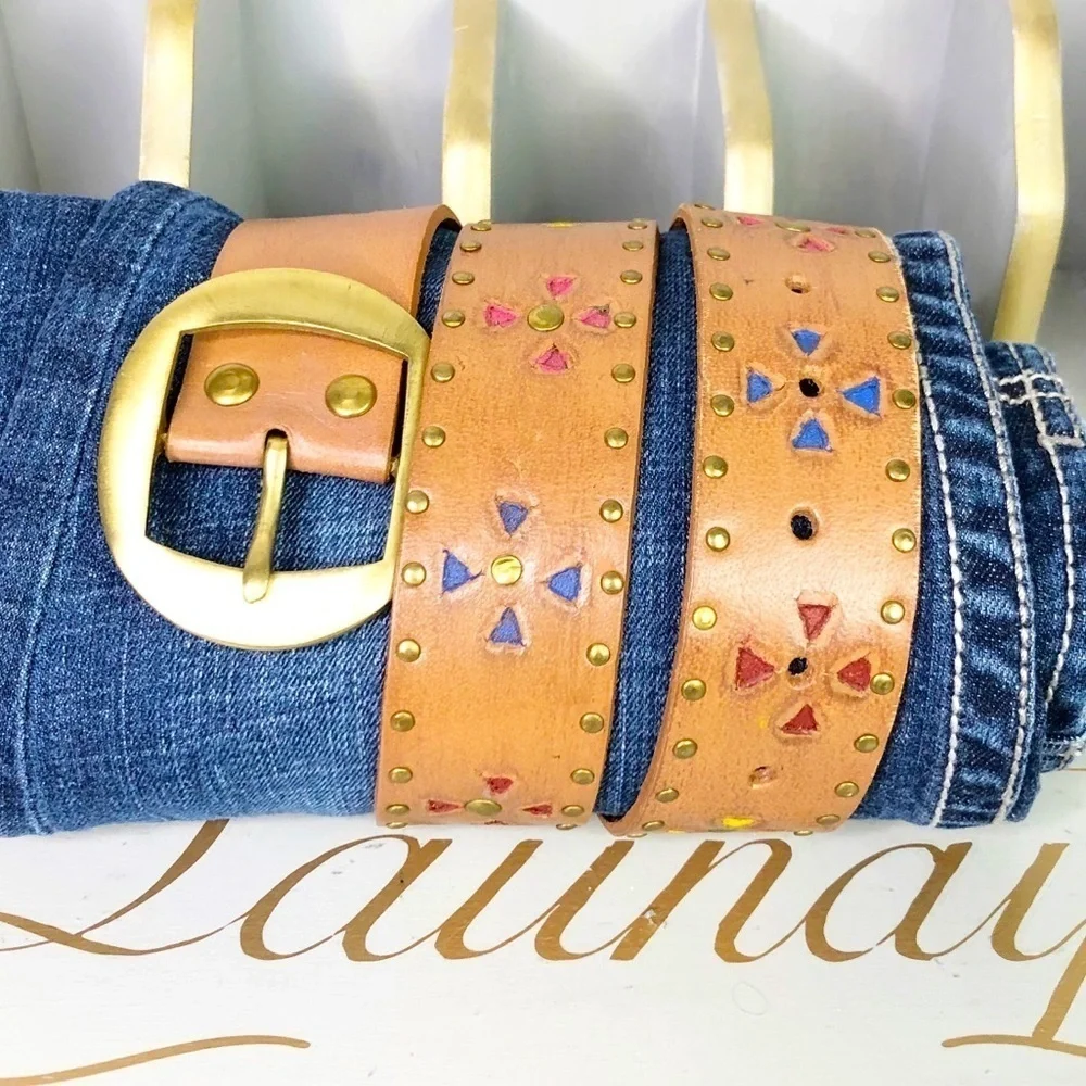 BOHO brown leather studded belt